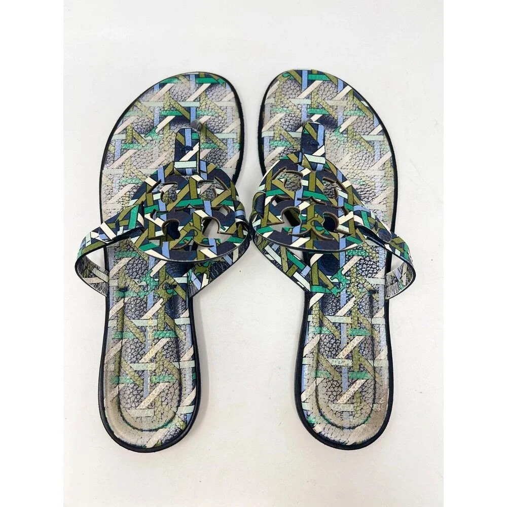 Tory Burch Miller Sandals Navy Basket Weave Green Sandals Size 9.5